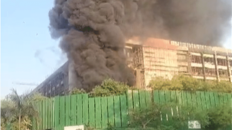 A massive fire broke out inside the premises of a construction building on the other side of Shastri Bhawan in the national capital on Sunday.