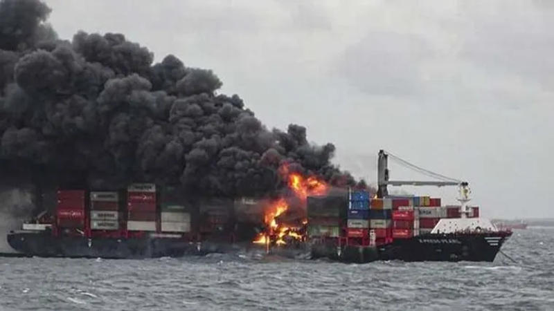 Cargo vessel catches fire