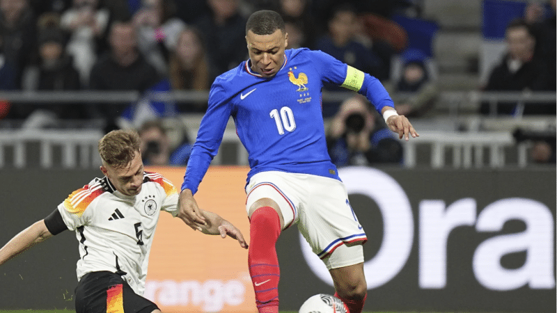 France captain Kylian Mbappe in action against Germany ahead of UEFA Euros 2024