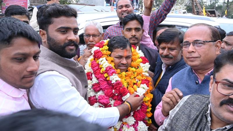 Barabanki MP Upendra Singh Rawat garlanded by his supporters after BJP declares him its candidate for the upcoming Lok Sabha polls 