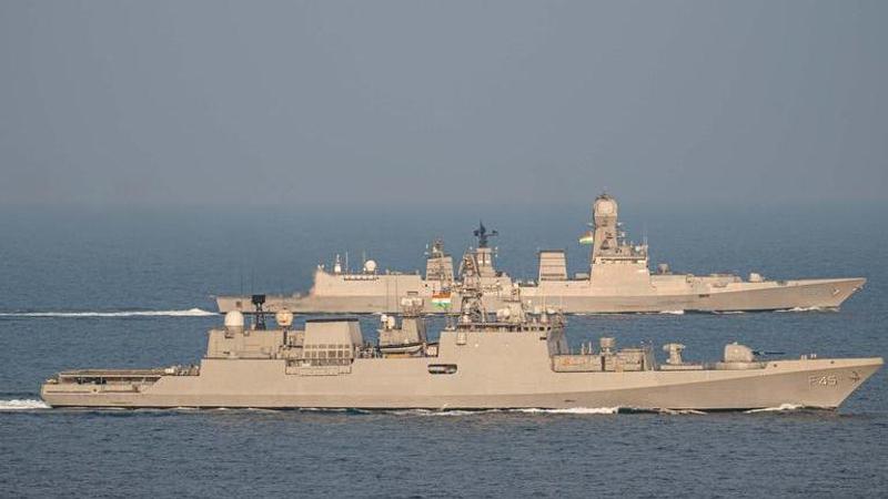 INS Talwar participating alongside INS Chennai in the joint naval exercise Varuna 2023 with the French Navy in the Indian Ocean.