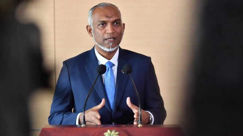 Maldives' President Mohamed Muizzu addresses reporters at a press briefing