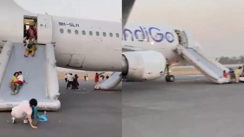 Passengers scrambled onto the wing via emergency doors and exit down the slides before hurrying away from the plane.