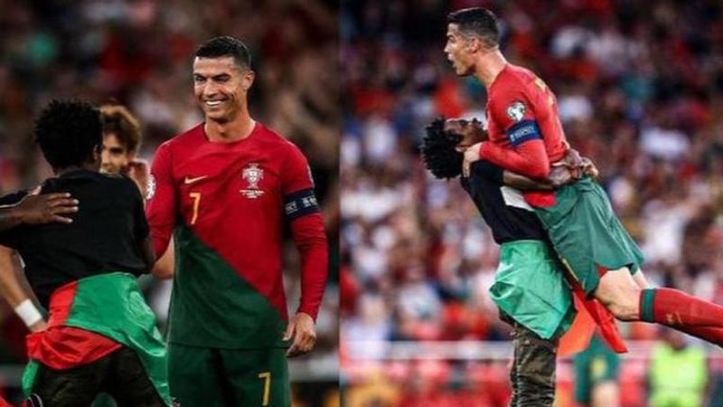 Pitch invader lifts Ronaldo, does the 'Siuuu' with him during Por vs Bosnia game | WATCH