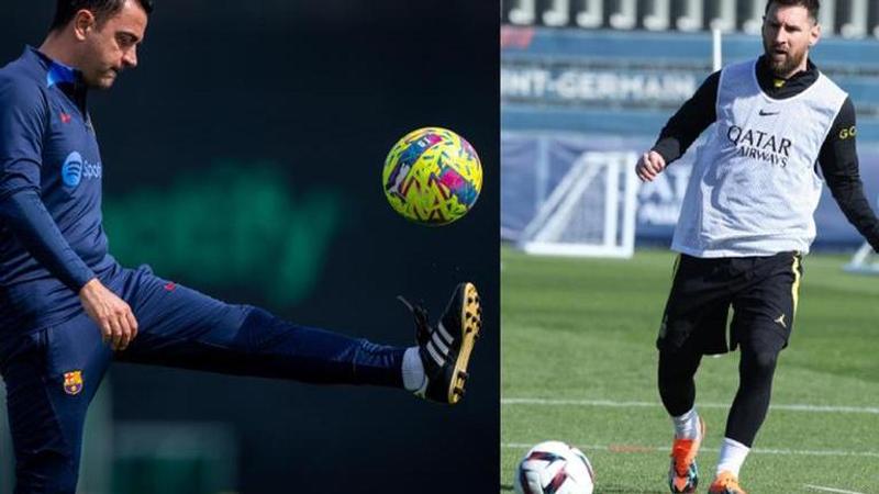 Leo Messi and Xavi in training sessions