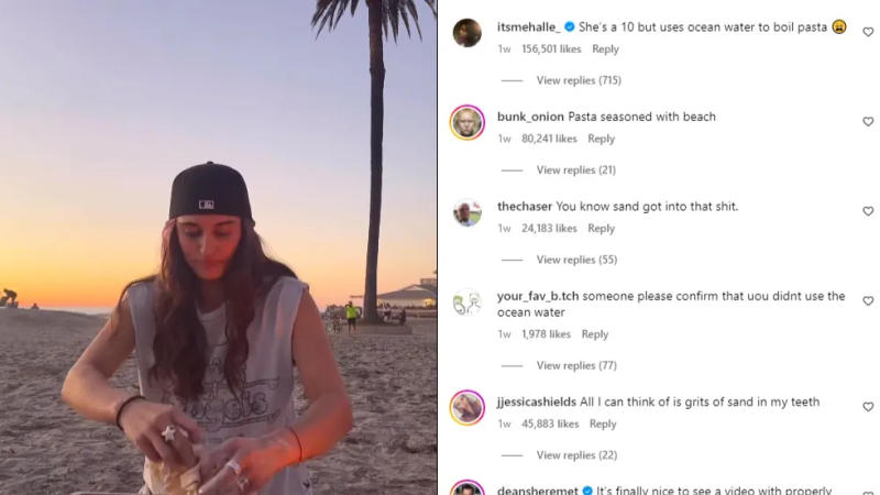 A woman cooking pasta on the beach, went viral