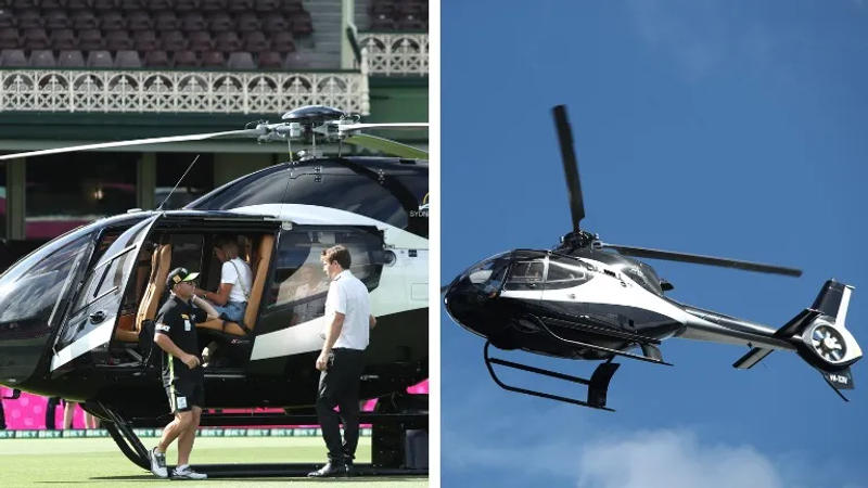 David Warner arrives in helicopter 