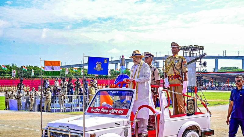 Union Home Minister Amit Shah inspects the parade during Hyderabad Liberation Day celebrations at Parade Ground, in Secunderabad, on September 17, 2023