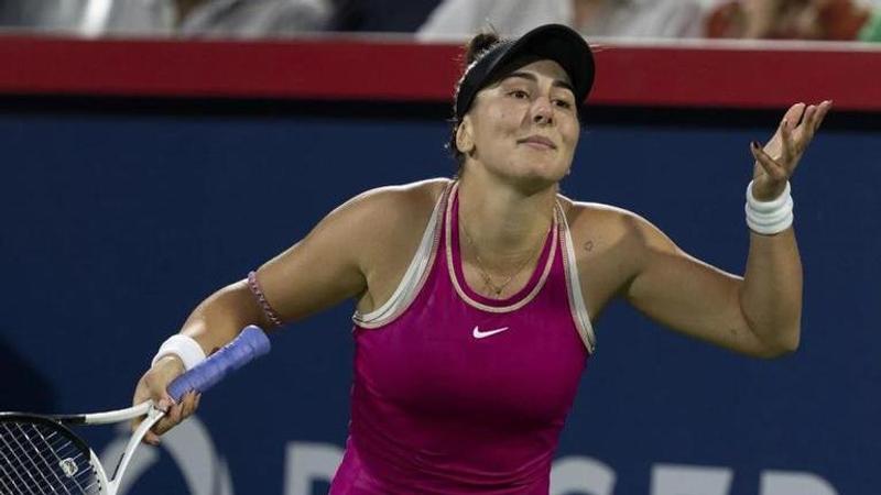 Bianca Andreescu, of Canada, reacts during her match against Camila Giorgi, of Italy, during the National Bank Open women’s tennis tournament