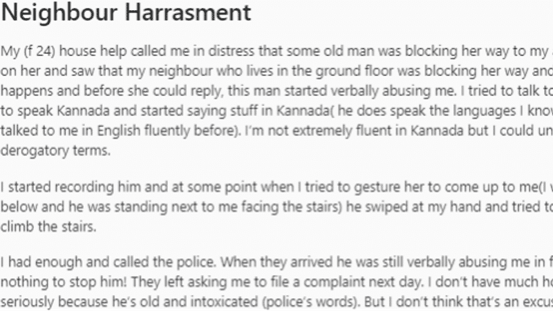 Bengaluru Woman Alleges Harassment by Intoxicated Neighbour