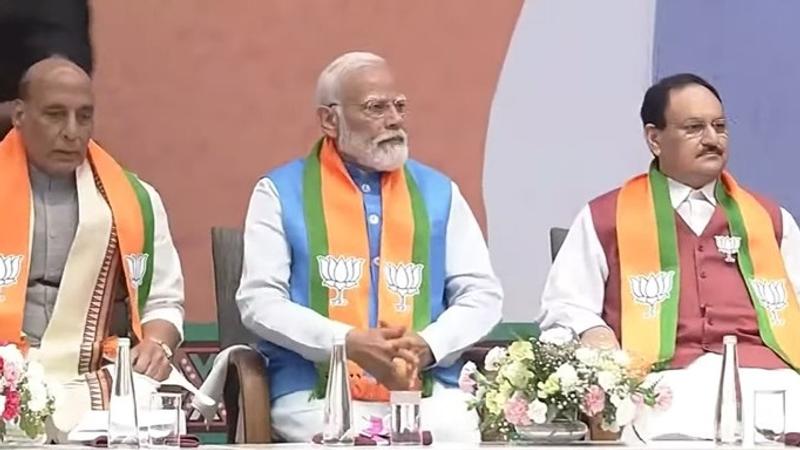 PM Modi with Union Minister Amit Shah, Rajnath Singh and BJP president JP Nadda 