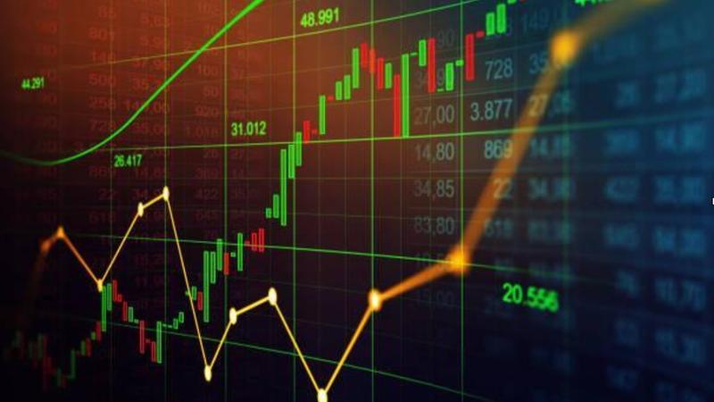 A candlestick and line chart on digital, numerical background