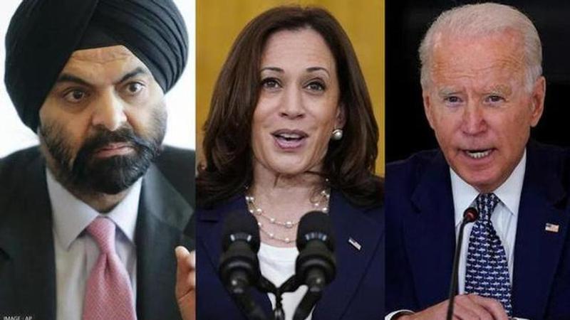 Ajay Banga and Kamala Harris and Biden