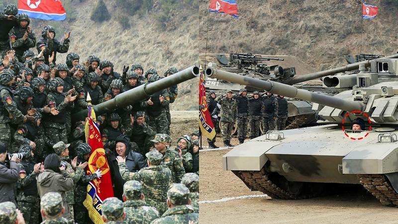 North Korean leader Kim Jong Un, center, meets soldiers who took part in a training in North Korea