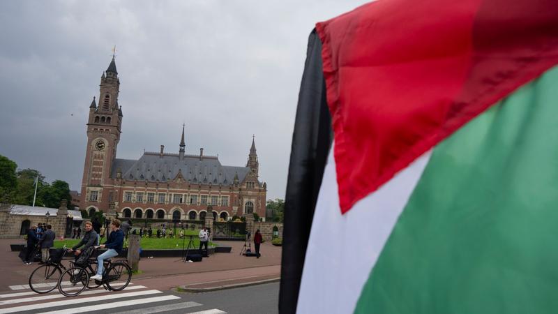 A lone demonstrator waves the Palestinian flag outside the Peace Palace, rear, housing the International Court of Justice, or World Court, in The Hague, Netherlands, May 24, 2024. 