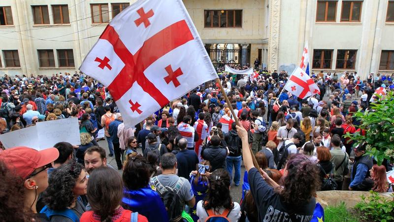 Demonstrators wave Georgian national flags during an opposition protest against the foreign influence bill at the Parliamentary building in Tbilisi, Georgia, May 28, 2024.