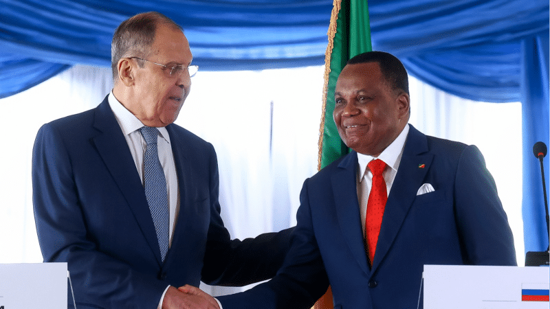 Russian Foreign Minister Sergey Lavrov, left, and Congo's Foreign Minister Jean Claude Gakosso shake hands after a joint news conference in Oyo, Congo, June 4, 2024.