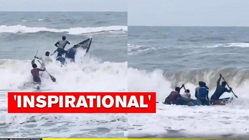 Video by Sudarsan Pattanaik shows men rowing boat against high tide