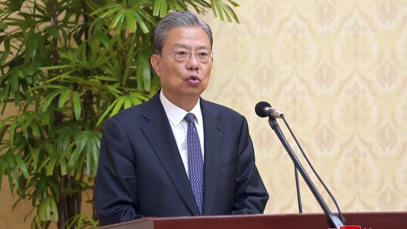 Zhao Leji, Chairman of the National People's Congress of China speaking at an event in Pyongyang. 